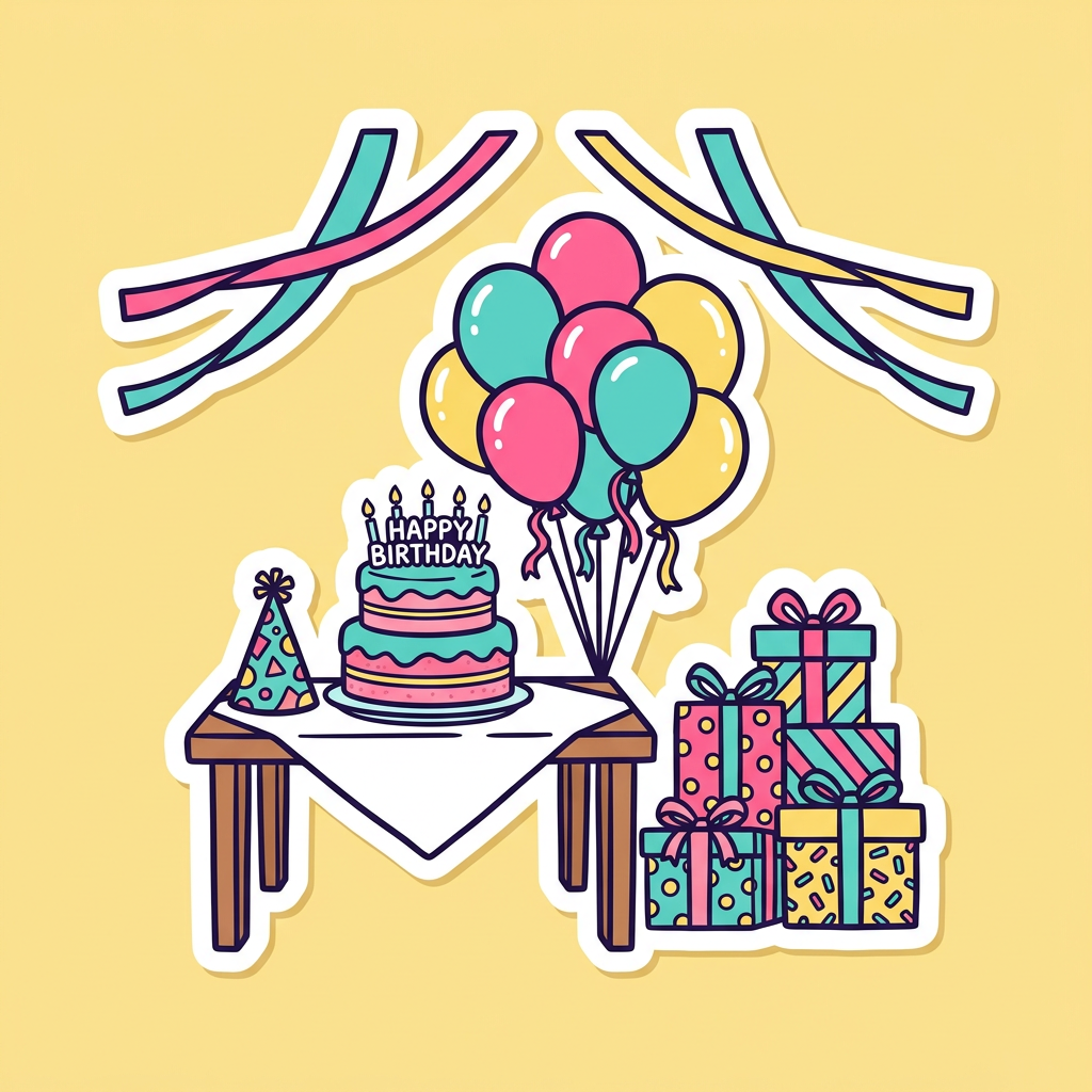Cake, balloons and gifts on a party table
